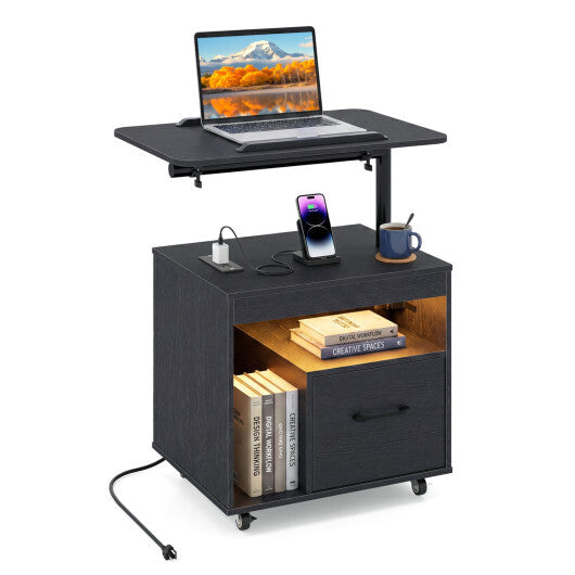 LED Nightstand with Power Outlets Modern Bedside Table with Flip over-White
