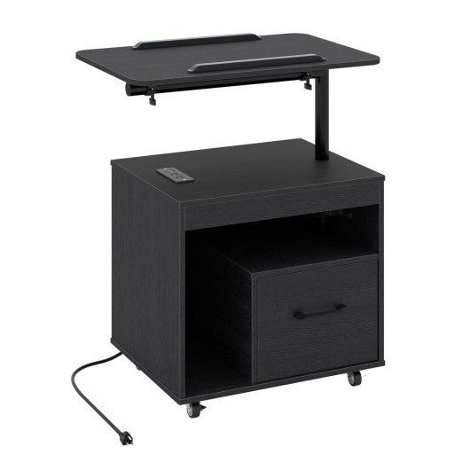 LED Nightstand with Power Outlets Modern Bedside Table with Flip over-White