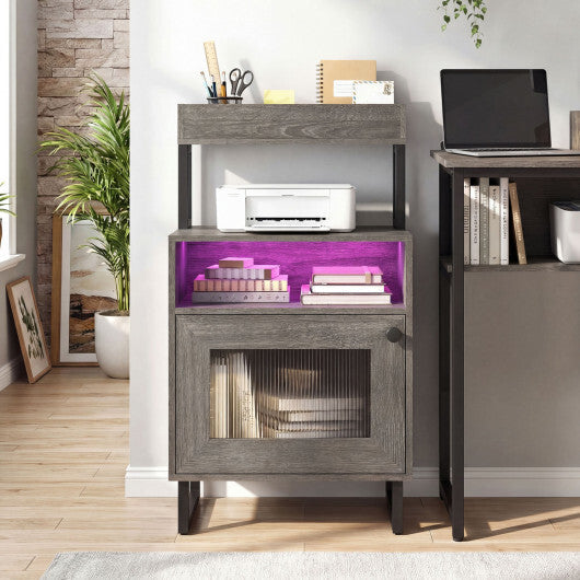 Nightstand with LED Lights Modern End Table with Top Tray Open Compartment and Storage Cabinet-Gray