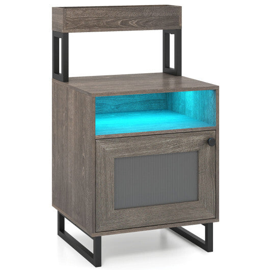 Nightstand with LED Lights Modern End Table with Top Tray Open Compartment and Storage Cabinet-Gray