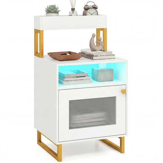 Nightstand with LED Lights Modern End Table with Top Tray Open Compartment and Storage Cabinet-Gray