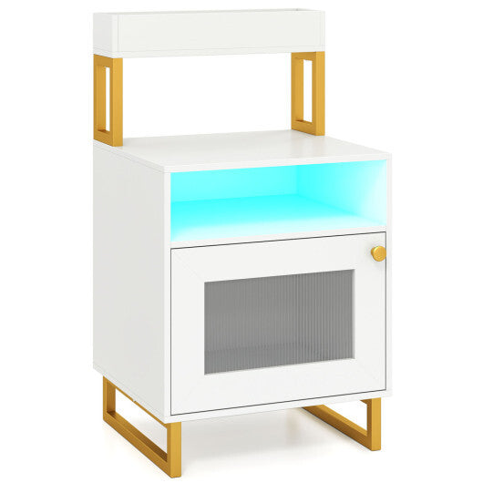 Nightstand with LED Lights Modern End Table with Top Tray Open Compartment and Storage Cabinet-Gray