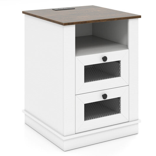 Nightstand with Charging Station and 2 Drawers Storage Compartment for Bedroom-Rustic Brown
