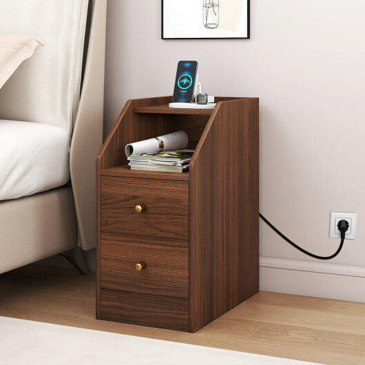 Side End Table with Charging Station Sofa Couch Table with Shelf Drawers-Black