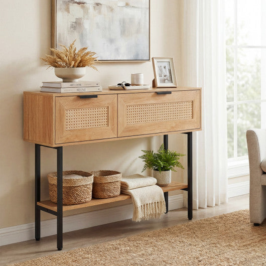 Rattan Console Table with 2 Storage Cabinets Shelf Carbon Steel Frame-Black
