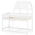 Twin Over Twin House Bunk Bed with Roof and Full-length Guardrails for Kids Teens Boys Girls-White