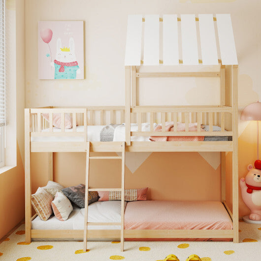 Twin Over Twin House Bunk Bed with Roof and Full-length Guardrails for Kids Teens Boys Girls-White