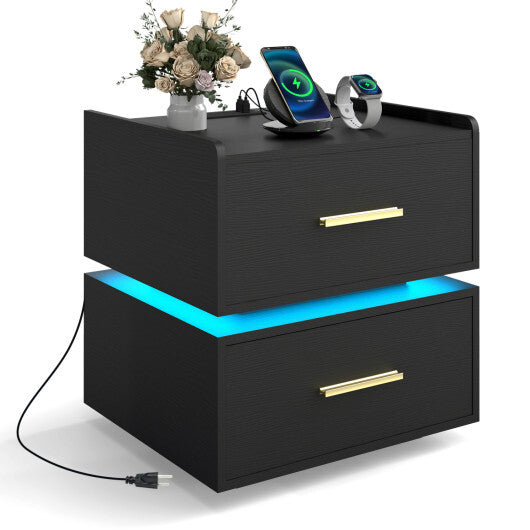 Nightstand with Charging Station LED Bedside Table with 2 Storage Drawers-White