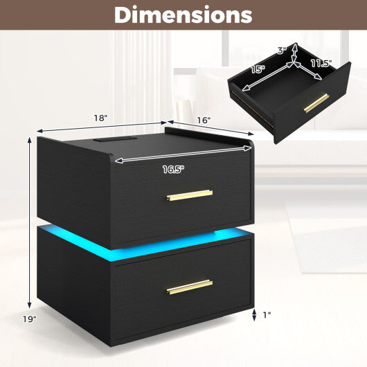 Nightstand with Charging Station LED Bedside Table with 2 Storage Drawers-White
