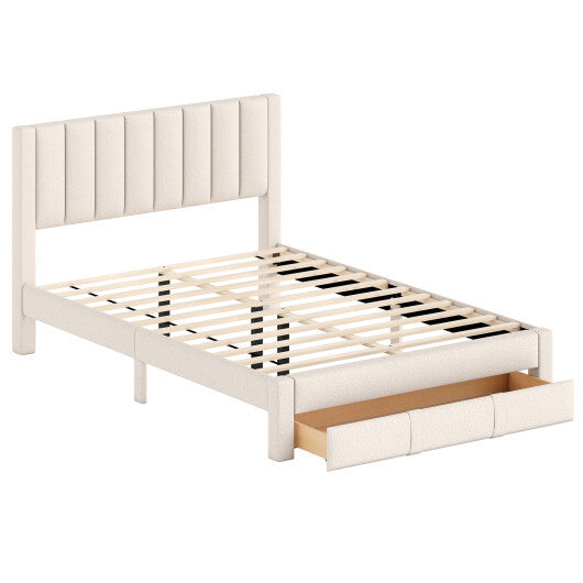 Queen Size Bed Frame with Storage Drawer and Vertical Channel Headboard-Gray