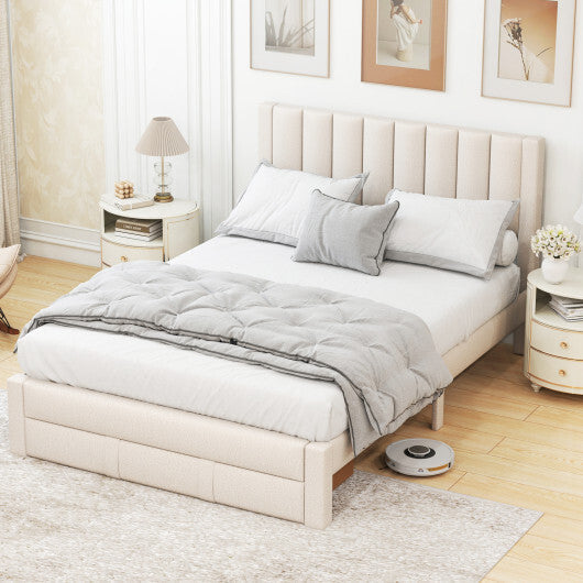 Queen Size Bed Frame with Storage Drawer and Vertical Channel Headboard-Gray