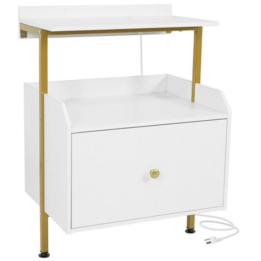 Wall-mounted Nightstand with LED Lights and Charging Station for Bedroom-White