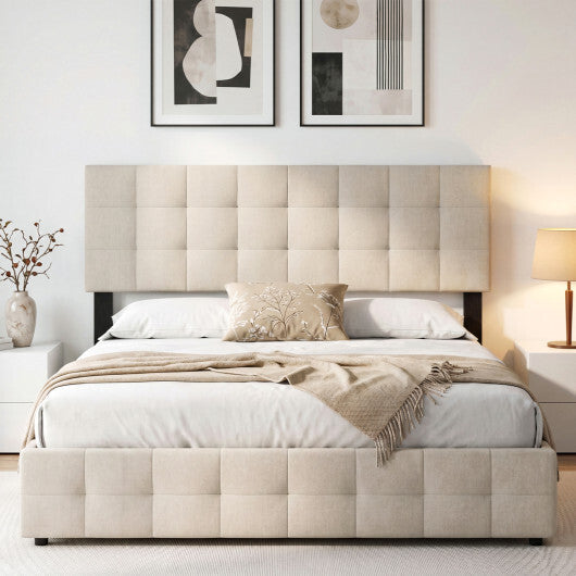 Upholstered Headboard Queen/Full Size Quilted Grid Linen Fabric Bed Frame Mount Panel-Gray