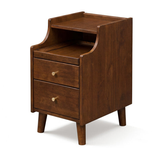 Wood Nightstand with Drawers and Solid Wood Legs for Bedroom-Brown