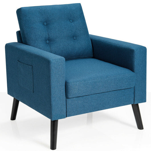 Mid-Century Upholstered Armchair Club Chair with Rubber Wood Legs-Blue - Color: Blue