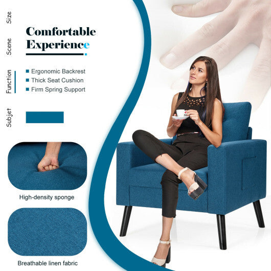 Mid-Century Upholstered Armchair Club Chair with Rubber Wood Legs-Blue - Color: Blue