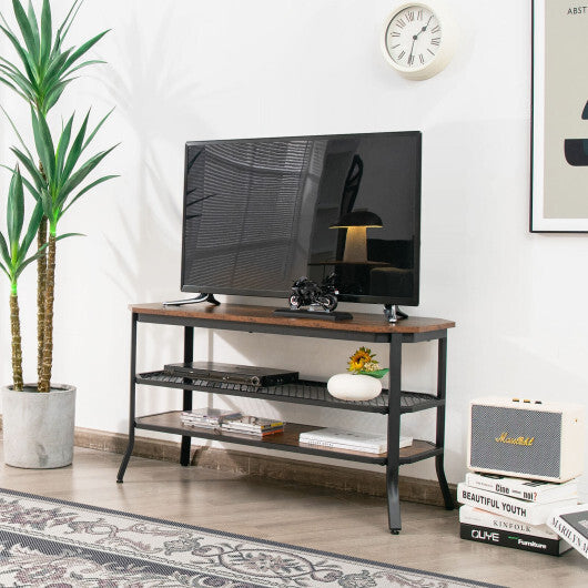 3-tier Console Table TV Stand with Mesh Storage Shelf-Rustic Brown - Color: Rustic Brown