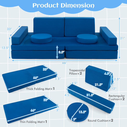 10-Piece Kids Play Couch Sofa with Portable Handle-Gray