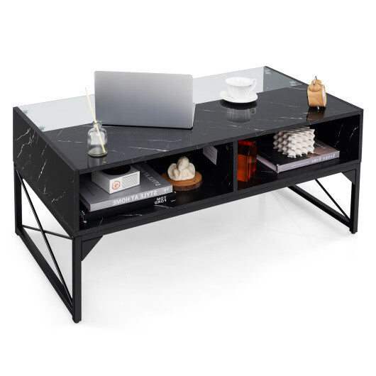 Center Table with Faux Marble and Tempered Glass Top-White