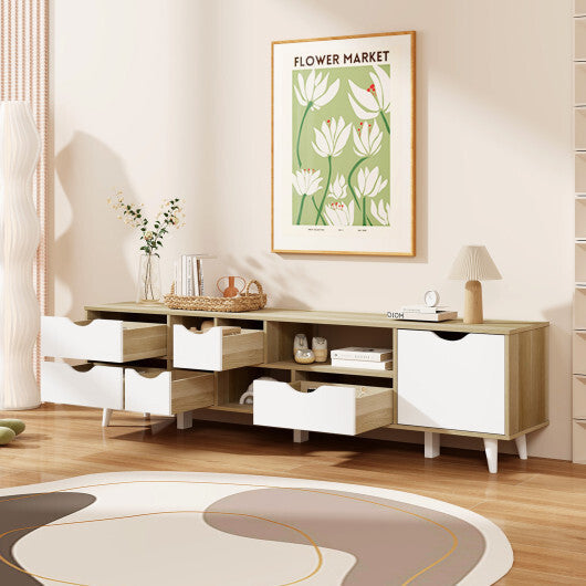 TV Stand for TVs up to 65" Television Cabinetw/ 5 Drawers & 3 Open Shelves-Oak