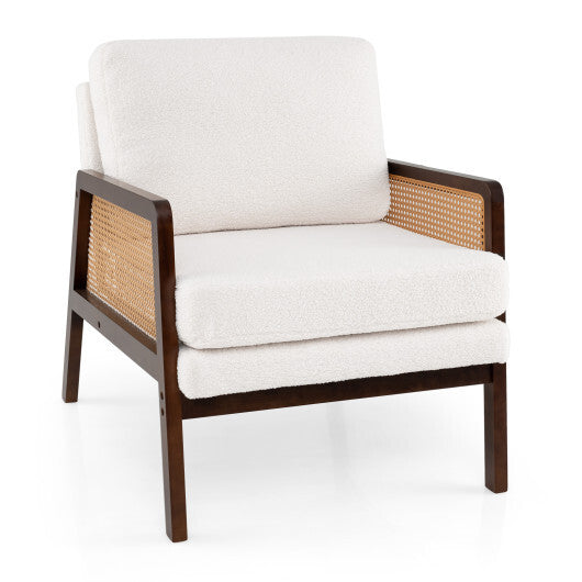 Mid Century Modern Accent Chair with Rattan Arms and Cushion-Natural