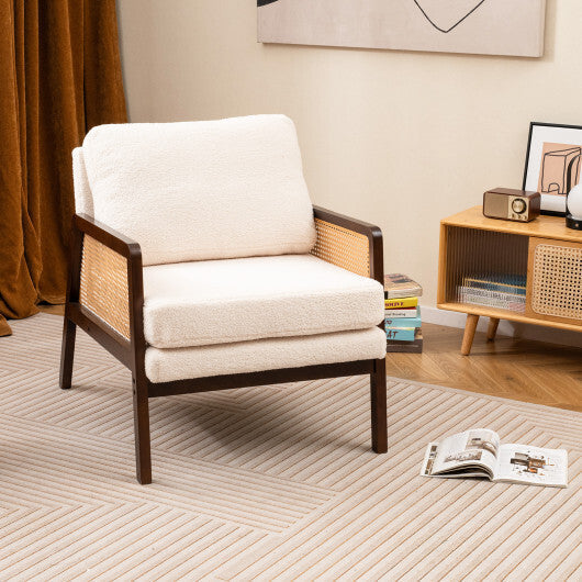 Mid Century Modern Accent Chair with Rattan Arms and Cushion-Natural
