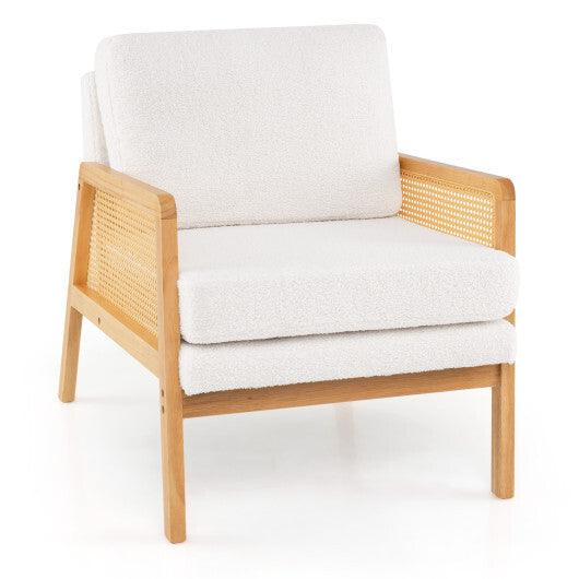 Mid Century Modern Accent Chair with Rattan Arms and Cushion-Natural
