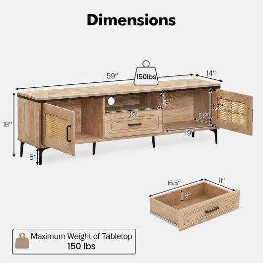 Mid Century Modern Entertainment Center with 2 Cabinets and Storage Drawer-Oak