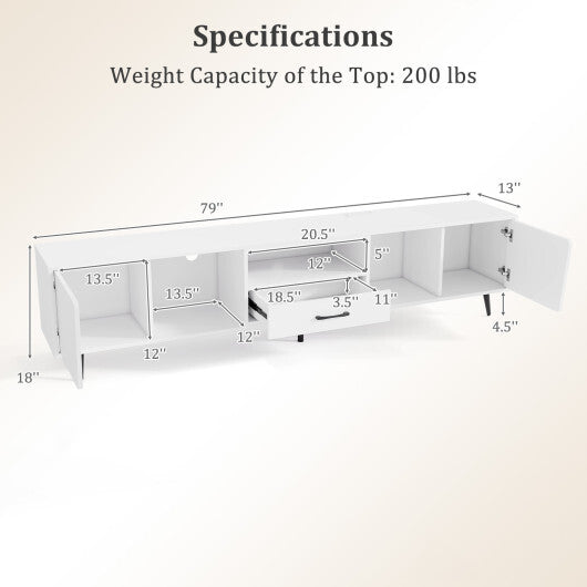 79" TV Stand for TVs up to 90 Inches Entertainment Center Wood Media Console Table Modern Mid Century TV Cabinet-White