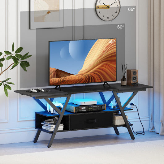 TV Stand for 65 Inch TVs with Power Outlets and LED Lights-Rustic Brown