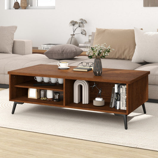 2-Tier Mid Century Modern Coffee Table with Storage Shelves Compartments-Walnut
