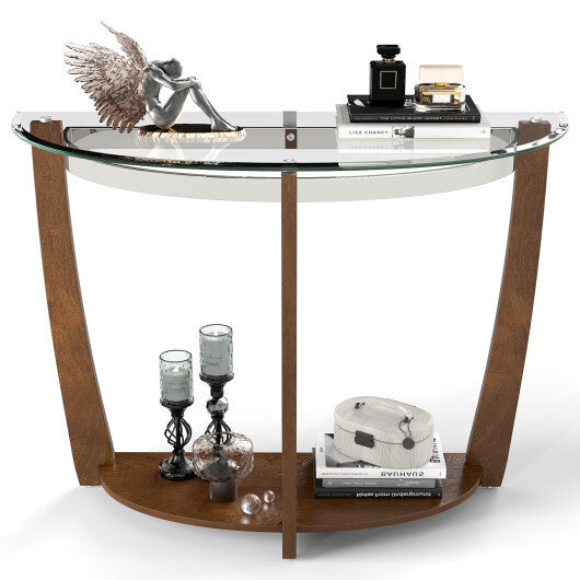 2-tier Tempered Glass Console Table with Clear Glass Top and Open Shelf-Black