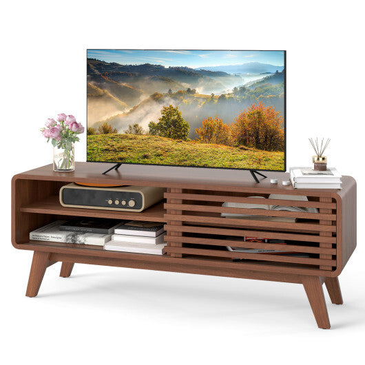TV Stand for TVs up to 55" with Sliding Door and Adjustable Shelves for Living Room-Brown