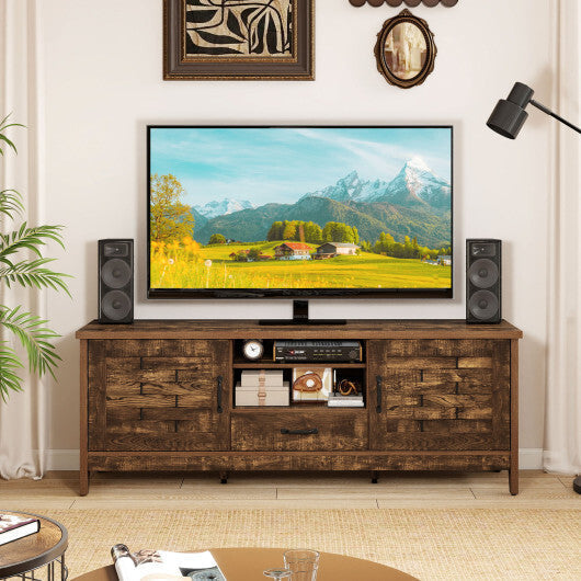 Farmhouse TV Stand for 65 Inch TVs with 2 Woven Accent Doors and 3 Adjustable Shelves-Rustic Brown