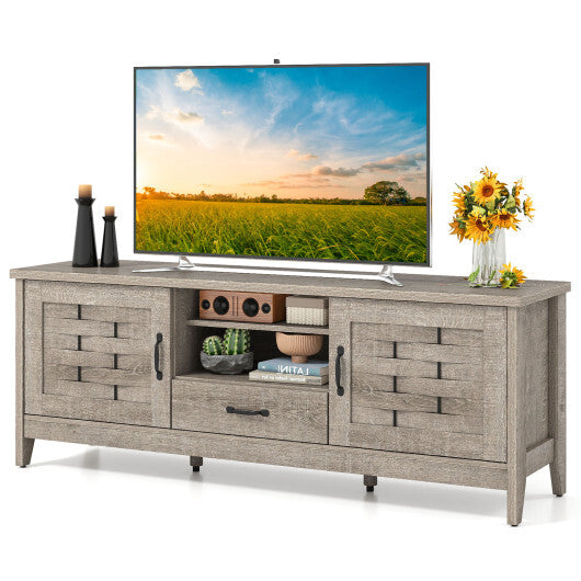 Farmhouse TV Stand for 65 Inch TVs with 2 Woven Accent Doors and 3 Adjustable Shelves-Rustic Brown