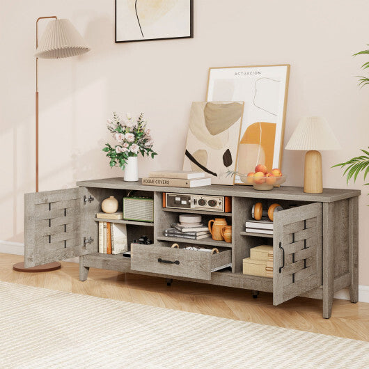 Farmhouse TV Stand for 65 Inch TVs with 2 Woven Accent Doors and 3 Adjustable Shelves-Rustic Brown