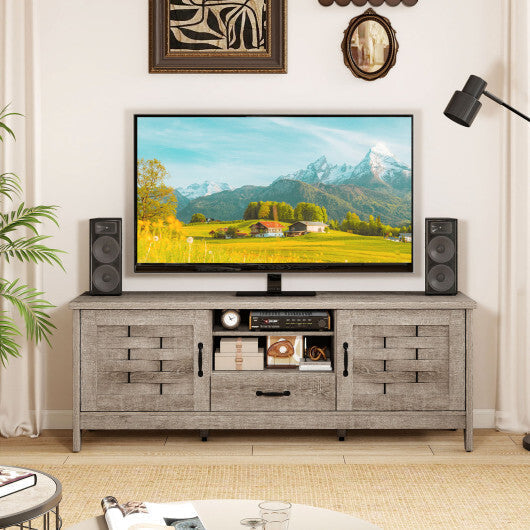 Farmhouse TV Stand for 65 Inch TVs with 2 Woven Accent Doors and 3 Adjustable Shelves-Rustic Brown