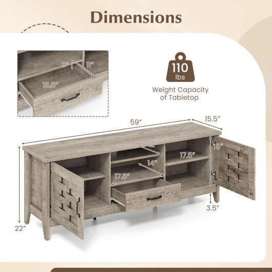 Farmhouse TV Stand for 65 Inch TVs with 2 Woven Accent Doors and 3 Adjustable Shelves-Rustic Brown