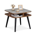 Side Table Faux Marble End Table with Storage Shelves and Rubber Wood Legs-Walnut