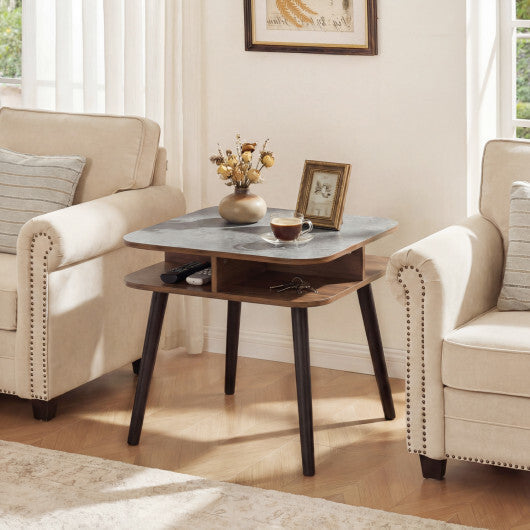 Side Table Faux Marble End Table with Storage Shelves and Rubber Wood Legs-Walnut