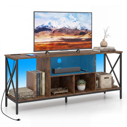 TV Stand with LED Lights for 65 Inch TV Entertainment Center with Power Outlets-Brown