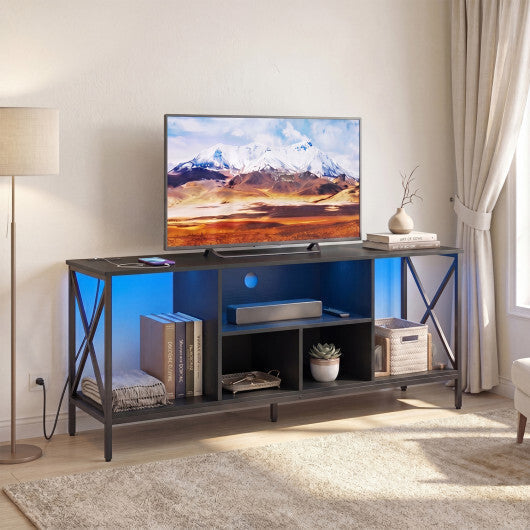TV Stand with LED Lights for 65 Inch TV Entertainment Center with Power Outlets-Brown