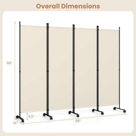 4-Panel Room Divider with Lockable Wheels for Living Room-Beige