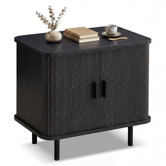 End Table Modern Mid Century Nightstand with Sliding Tambour Doors and Storage Shelf-Natural