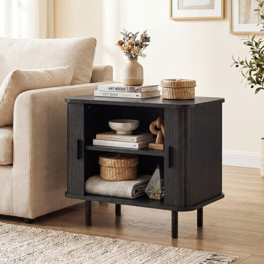 End Table Modern Mid Century Nightstand with Sliding Tambour Doors and Storage Shelf-Natural