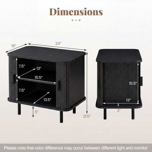 End Table Modern Mid Century Nightstand with Sliding Tambour Doors and Storage Shelf-Natural