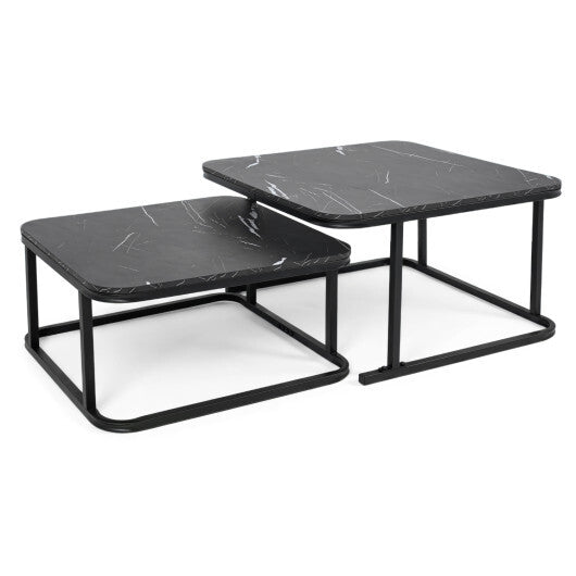Nesting Coffee Table Set of 2 with Faux Marble Top and Metal Frame-Black