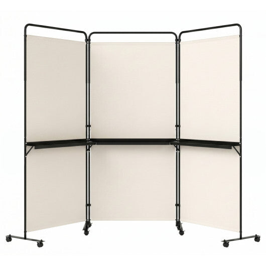 3-Panel Room Divider with Shelves 6 FT Tall Folding Privacy Screen with Lockable Wheels-White