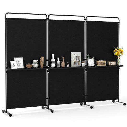 3-Panel Room Divider with Shelves 6 FT Tall Folding Privacy Screen with Lockable Wheels-White