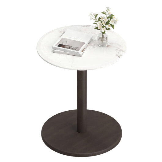 Round Marble Side Table Pedestal End Table with Stone Finish and Wooden-Black & White